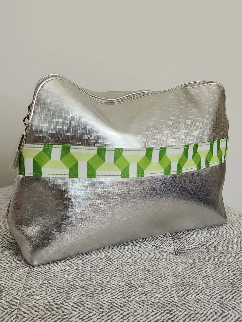 NWT Clinique Silver Metallic Large Cosmetic Pouch with Green Geometric Accent